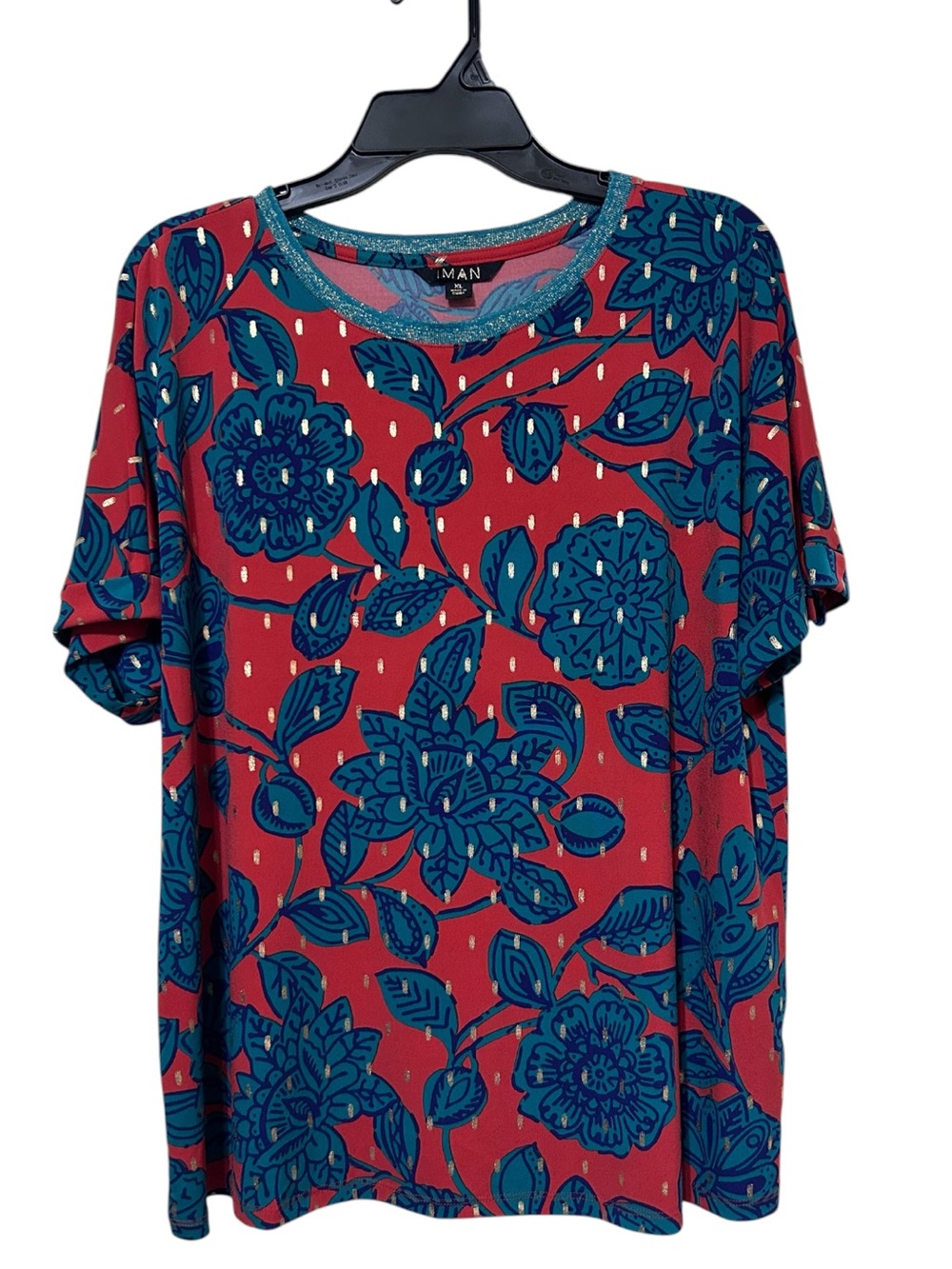IMAN Global Heritage XL Coral Teal Floral Top Metallic Shimmer Knit Tee